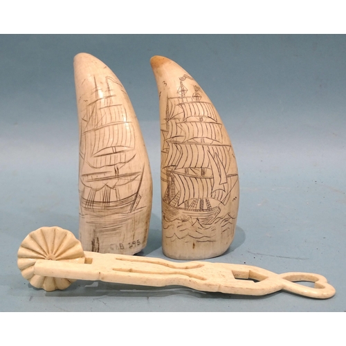 376 - Two 19th century scrimshaw teeth, each depicting whaling ships, 12.5 and 12cm and a bone pastry cutt... 