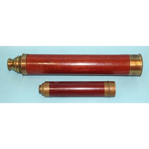 385 - A 19th century mahogany and brass single-draw telescope, 54cm open and a small three-draw telescope,... 