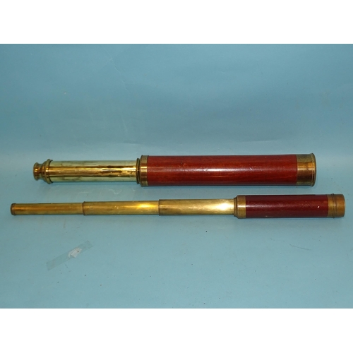 385 - A 19th century mahogany and brass single-draw telescope, 54cm open and a small three-draw telescope,... 