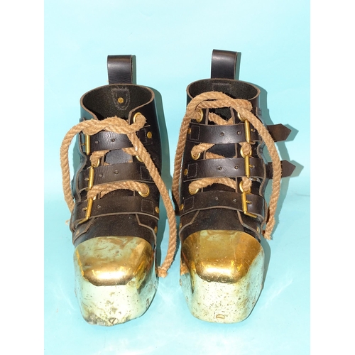 396 - A pair of refurbished Siebe Gorman standard diving boots, black leather with brass toe caps, lead an... 