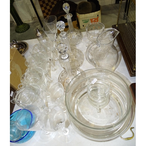 33 - A pair of Victorian glass decanters, ten Champagne flutes and other glassware.