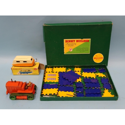 75 - Dinky Toys, 190 Caravan, cream/orange, (boxed, box a/f), 563 Heavy Tractor, Dinky Builder Accessory ... 