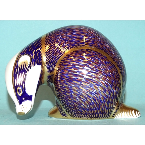 109 - Three Royal Crown Derby ceramic paperweights: Woodland Badger (gold button, boxed), Mouse (gold butt... 