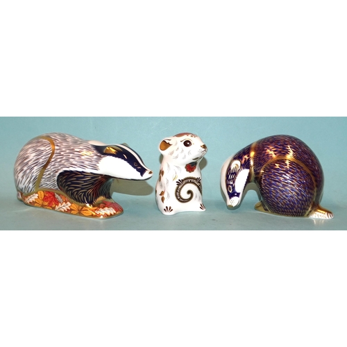 109 - Three Royal Crown Derby ceramic paperweights: Woodland Badger (gold button, boxed), Mouse (gold butt... 