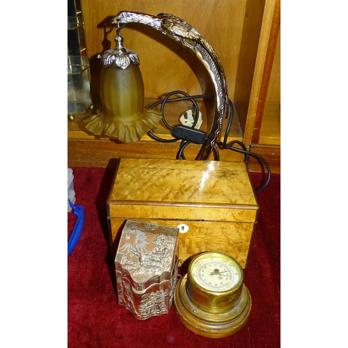 113 - A 19th century burr wood two-division tea caddy, 22cm wide, 13.5cm high, a plated metal table lamp i... 