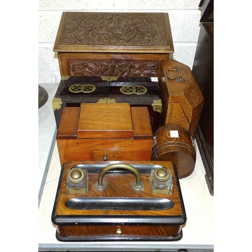 29 - A wooden pen and ink stand fitted with drawer, carrying handle and two glass inkwells, 27 x 16cm, 13... 