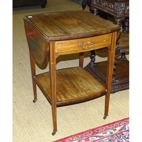 5 - An early-20th century mahogany drop-leaf table with central inlaid motif, single drawer and lower ti... 