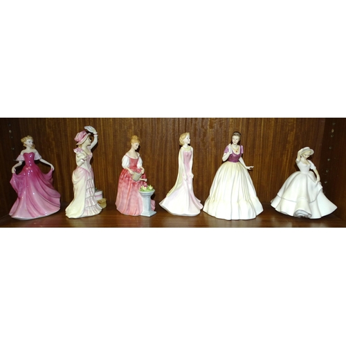 58 - A collection of six Royal Doulton figurines: Emma HN3714, Bon Voyage HN3866, Alexandra HN3292, Ellie... 