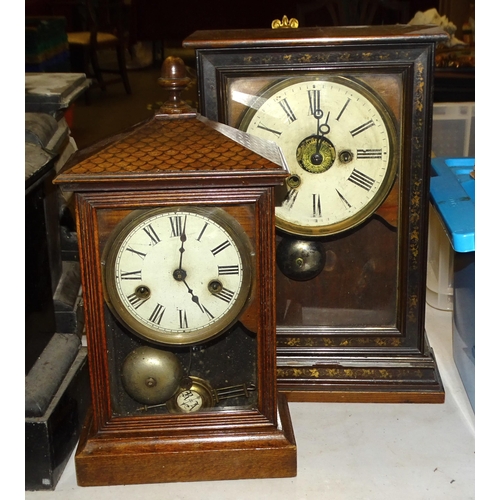 66 - A gilt metal and marble mantel clock with drum movement striking on a bell, surmounted by a female f... 