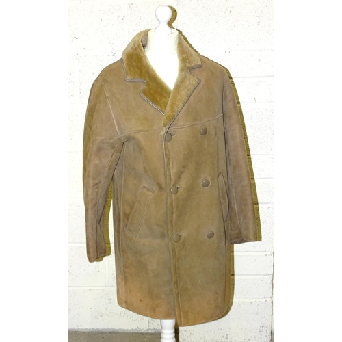 84 - A lady's long brown suede double-breasted coat, belted, with honey-coloured fur collar and lapels, s... 