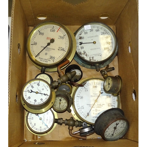 87 - A collection of various brass and other pressure gauges, etc.