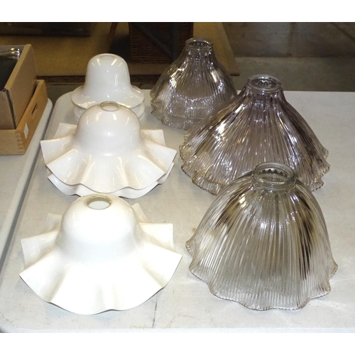 19 - A collection of 1930's and later glass light shades, five clear and six opaque, together with three ... 