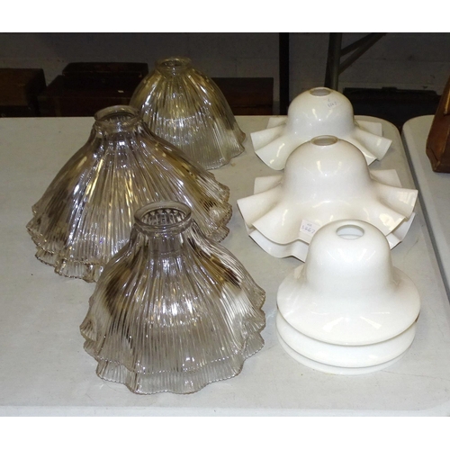 19 - A collection of 1930's and later glass light shades, five clear and six opaque, together with three ... 