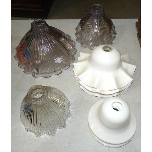 19 - A collection of 1930's and later glass light shades, five clear and six opaque, together with three ... 