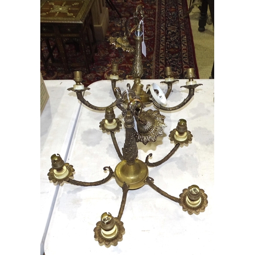 15 - Three various gilt metal hanging light fittings, a glass and metal hanging lantern and two hanging l... 