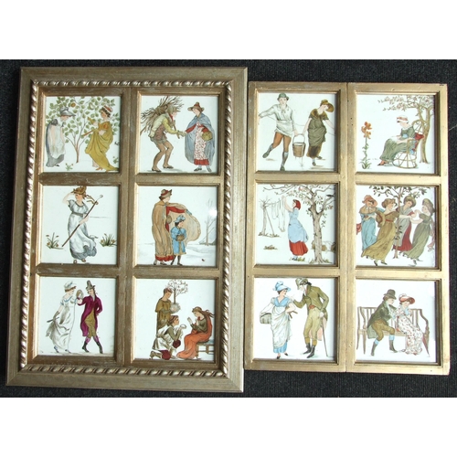 114 - A group of twelve Minton tiles depicting nursery rhymes, each 15cm square, framed in two later frame... 