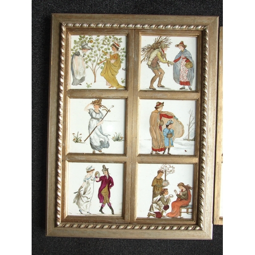 114 - A group of twelve Minton tiles depicting nursery rhymes, each 15cm square, framed in two later frame... 