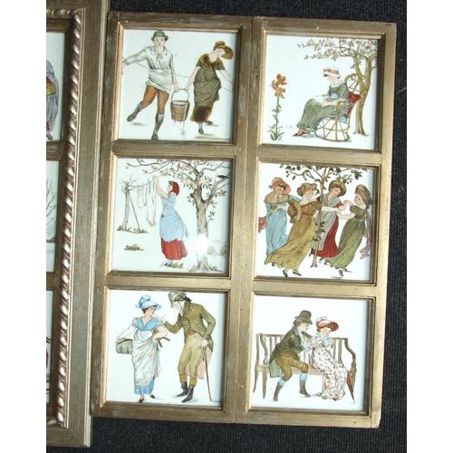 114 - A group of twelve Minton tiles depicting nursery rhymes, each 15cm square, framed in two later frame... 