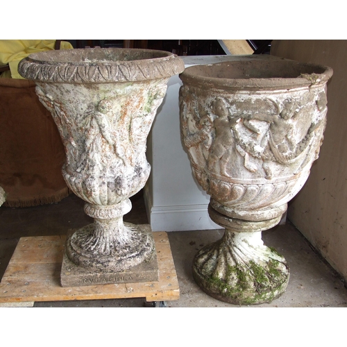 83 - A cast concrete garden urn of campana shape decorated with classical figures, on square plinth, 81cm... 