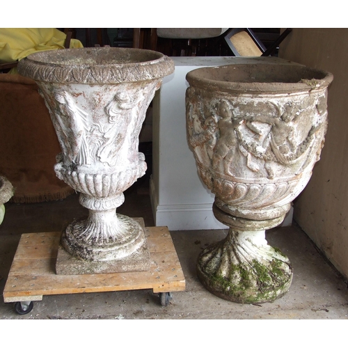 83 - A cast concrete garden urn of campana shape decorated with classical figures, on square plinth, 81cm... 