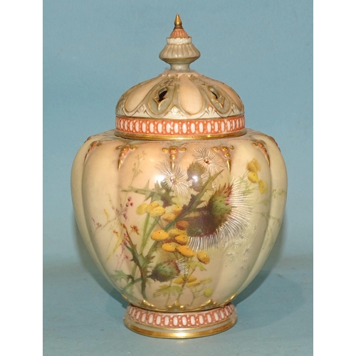 111 - A Royal Worcester melon-shaped blush pot pourri vase in the thistle and wild flowers design, shape n... 