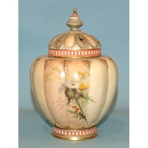 111 - A Royal Worcester melon-shaped blush pot pourri vase in the thistle and wild flowers design, shape n... 