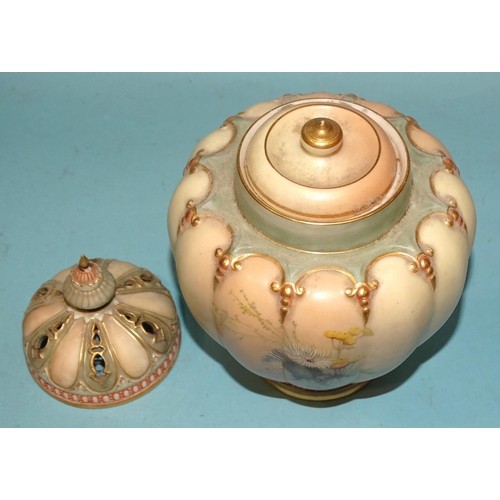 111 - A Royal Worcester melon-shaped blush pot pourri vase in the thistle and wild flowers design, shape n... 