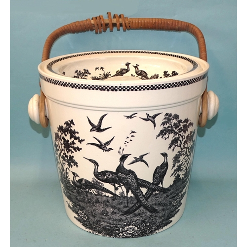 113 - A Wedgwood Etruria pail and ventilated cover, with black transfer-printed exotic birds and landscape... 