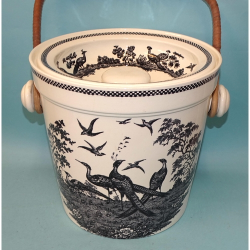 113 - A Wedgwood Etruria pail and ventilated cover, with black transfer-printed exotic birds and landscape... 