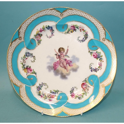 116 - A 19th century 'Sevres' plate decorated in England with a cherub in clouds, with a turquoise and gil... 