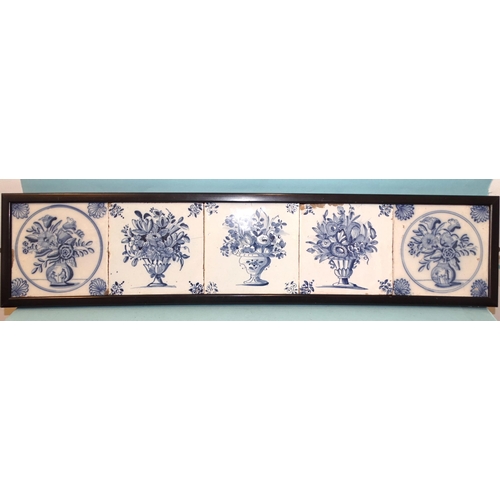 120 - A framed panel of five 18th century English Delft tiles with vases of flowers, Liverpool or Bristol.... 