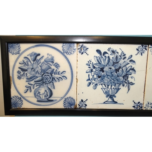 120 - A framed panel of five 18th century English Delft tiles with vases of flowers, Liverpool or Bristol.... 