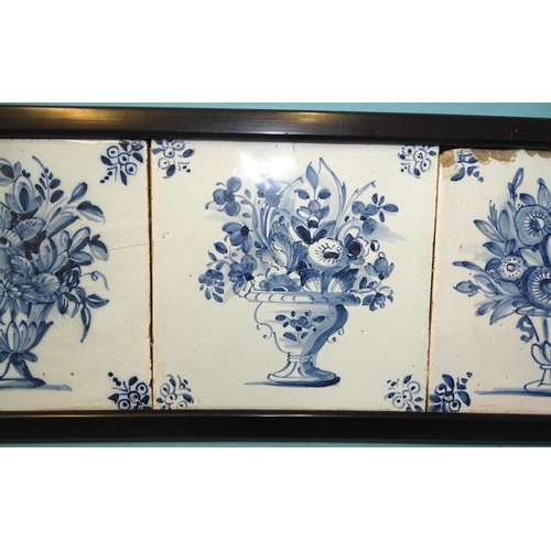 120 - A framed panel of five 18th century English Delft tiles with vases of flowers, Liverpool or Bristol.... 