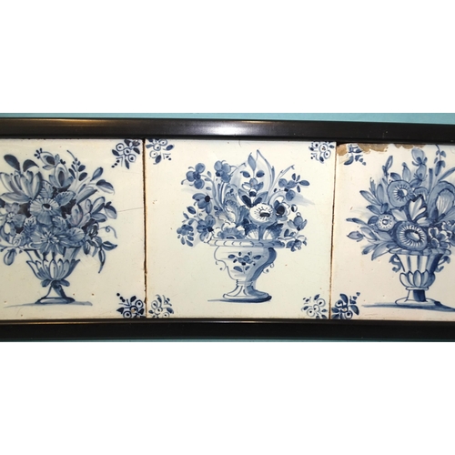 120 - A framed panel of five 18th century English Delft tiles with vases of flowers, Liverpool or Bristol.... 