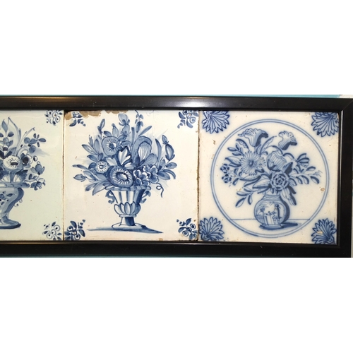 120 - A framed panel of five 18th century English Delft tiles with vases of flowers, Liverpool or Bristol.... 