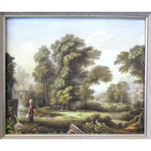 121 - A mid-19th century English porcelain plaque painted with figures in an Italianate landscape, plaque ... 