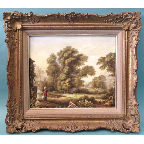 121 - A mid-19th century English porcelain plaque painted with figures in an Italianate landscape, plaque ... 