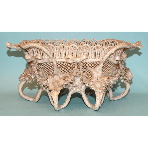 128 - A Belleek Rathmore pearlescent finish basket, elaborately encrusted and decorated with flowers and f... 