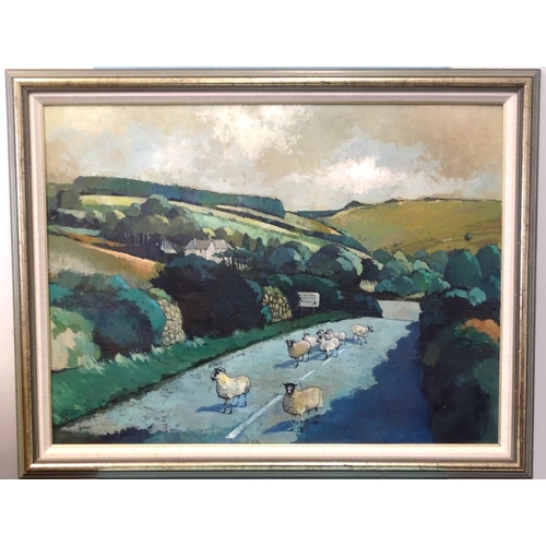 13 - Alan Clark (British, 20th century) THE ROAD TO TWO BRIDGES, DARTMOOR, WITH SHEEP Signed oil on board... 