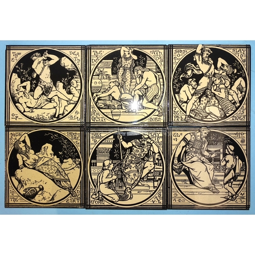 134 - A set of six Minton black and cream tiles, scenes from the Old Testament, 'Samson slaying the Philis... 