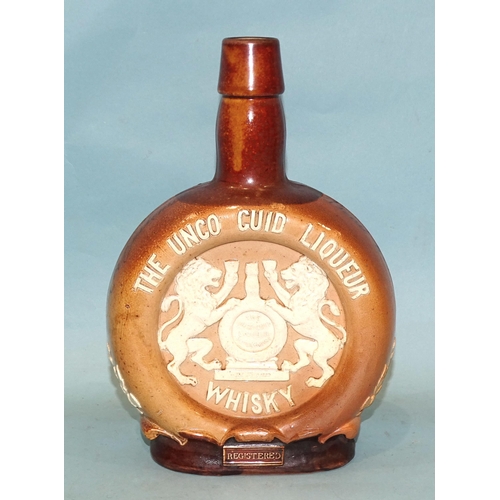 136 - A Doulton Lambeth stoneware whisky flask 'The Unco Guid Liqueur Scotch Whisky', the shoulders with i... 