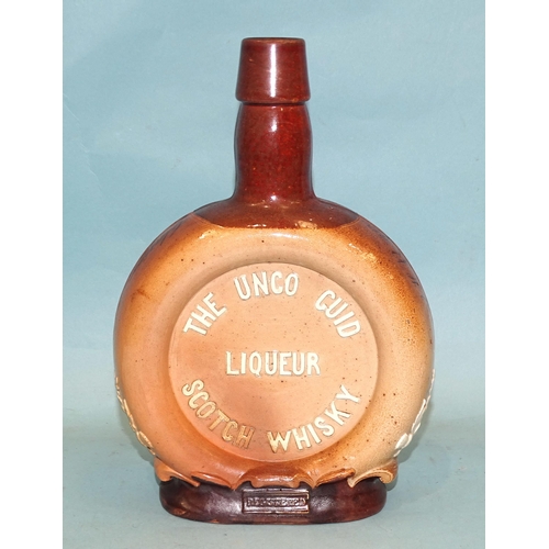 136 - A Doulton Lambeth stoneware whisky flask 'The Unco Guid Liqueur Scotch Whisky', the shoulders with i... 