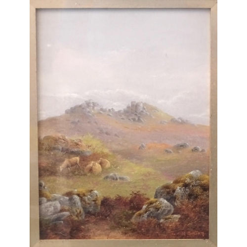 27 - Charles Edward Brittan SHEEP GRAZING BENEATH A TOR Signed gouache, 29.5 x 22cm and a companion, CATT... 