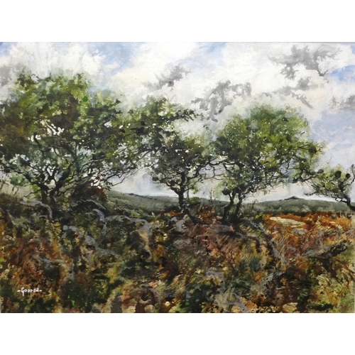 28 - Ernie Godden (British, 20th century), MOORLAND SCENE WITH TREES AND TOR IN THE BACKGROUND Signed wat... 