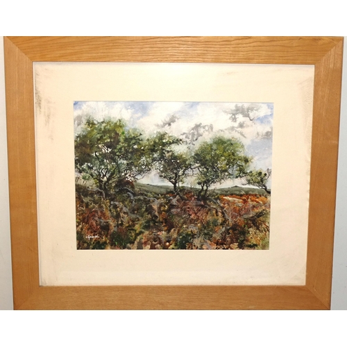 28 - Ernie Godden (British, 20th century), MOORLAND SCENE WITH TREES AND TOR IN THE BACKGROUND Signed wat... 