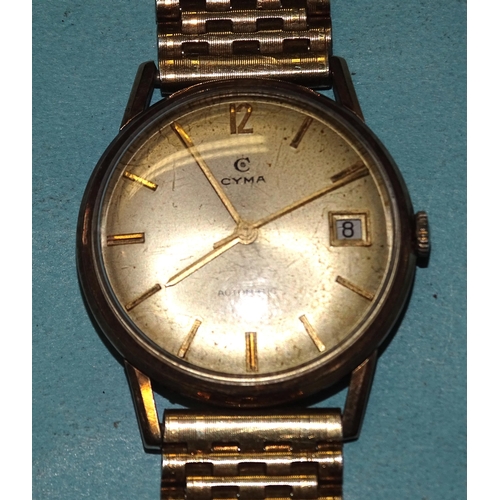 298 - Cyma, a 9ct gold automatic wrist watch, the gilt dial with date aperture at '3' and baton numerals, ... 