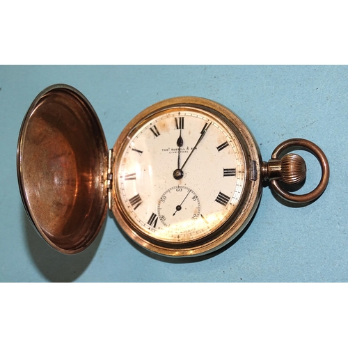 299 - Thomas Russell & Son, a gold-plated hunter-cased keyless pocket watch, 50mm, (working but not gu... 