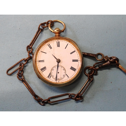 300 - An 18ct gold-cased key-wind open-face pocket watch, the white enamel dial (cracked) with Roman numer... 