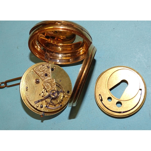 300 - An 18ct gold-cased key-wind open-face pocket watch, the white enamel dial (cracked) with Roman numer... 