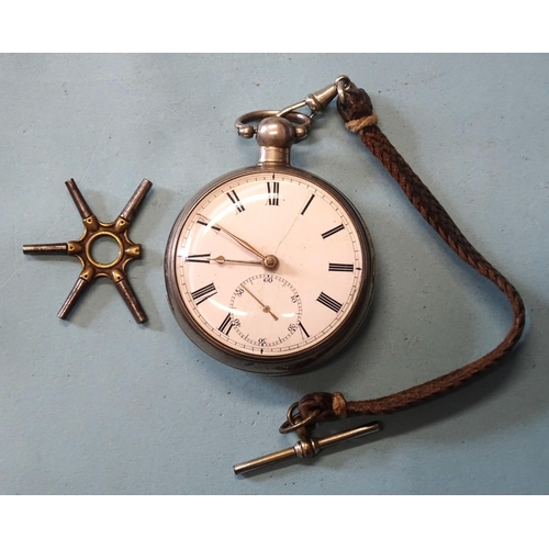 305 - An early-19th century silver-cased open-face pocket watch, the white enamel dial (cracked) with Roma... 